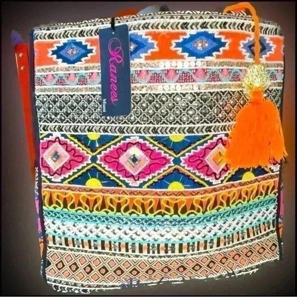 Large Hand Beaded Bright and Vibrant Colors Tote Bag BNWT - Picture 6 of 11